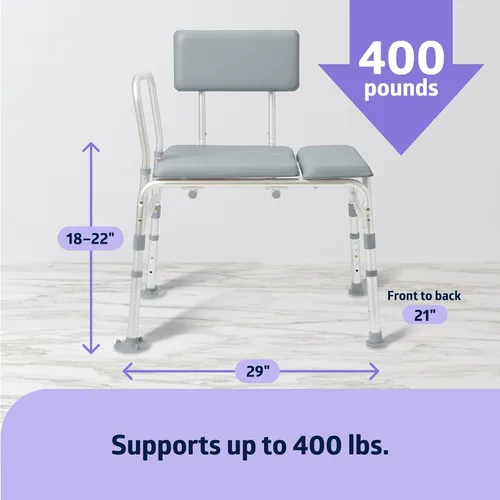 Vista 4 de Medline Banco de transferencia acolchado para bañera y ducha, altura ajustable, patas antideslizantes, resistente al óxido, brazo lateral y respaldo