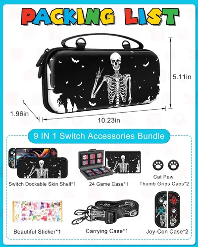Vista 3 de 9in1 Skull Skeleton Switch Oled Case for Nintendo Switch Oled Carrying Cases Boy Hard Protective Cover Dockable Skin+Thumb Grips+Game