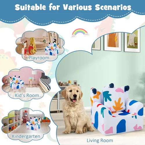 Vista 8 de HONEY JOY Sofá para niños pequeños, silla en forma de corona con almohada adicional, cómodos muebles de sala de juegos para niños con funda