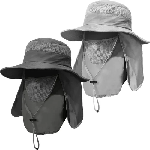 Vista 8 de Sombrero de pesca de ala ancha para hombre, 2 piezas, protección solar UPF 50+, extraíble, solapa para cara y cuello