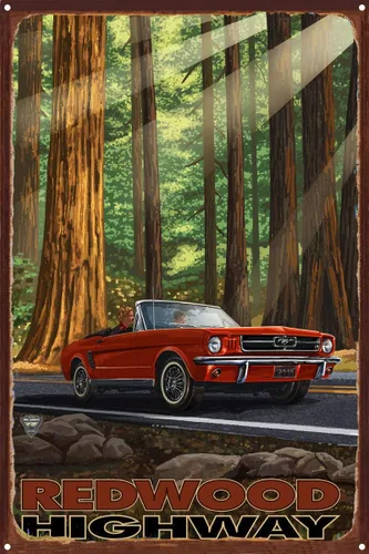 Vista 7 de California Redwoods Highway Mustang In Redwoods - Impresión artística de metal rústico de obras de arte de viaje por el artista Paul A. Lanquist 8.5