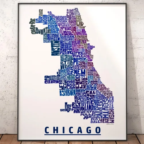 Vista 3 de Impresión del mapa del vecindario de Chicago, impresión firmada de mi arte original de mapa de tipografía de Chicago dibujado a mano