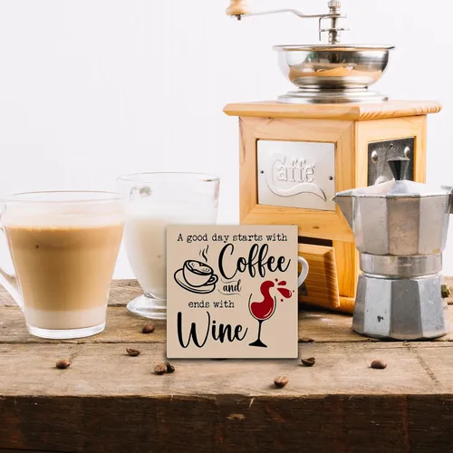 Vista 5 de Cartel de mesa de café y vino para mesa de escritorio – Un buen día comienza con café y termina con vino – Bloque de madera de 5 x 5 pulgadas