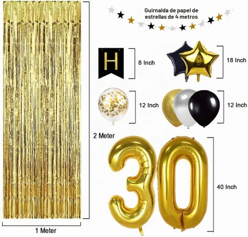 Vista 3 de Globo de decoración de cumpleaños número 30 en negro y dorado, globo de papel de aluminio del número 30, suministros de decoración de cumpleaños