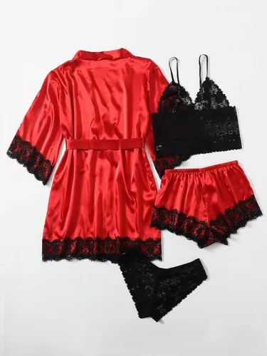 Vista 2 de WDIRARA Conjunto de pijama de lencería con encaje floral de satén para mujer, 4 piezas, conjunto de pijama con bata