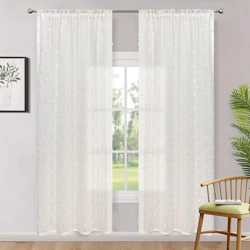 Vista 6 de MYSKY HOME - Cortinas con pompón blancas transparentes para dormitorio de niñas, cortinas amarilla mostaza para habitación infantil, cortinas