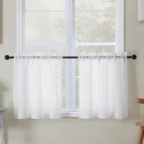 Vista 31 de Simplebrand Cortinas traslúcidas negras de cocina de 24 pulgadas de largo, 2 paneles, filtrado de luz, geométrico jacquard con textura, cortinas