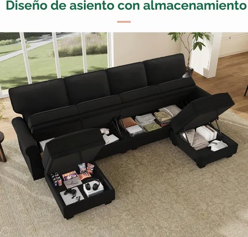 Vista 3 de HONBAY Sofá modular convertible con almacenamiento en forma de U con diván reversible para sala de estar, negro medio negro (Mid Black)