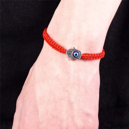 Vista 5 de Pulseras hechas a mano con dije de mano Hamsa de ojo turco para protección y suerte, cábala, ajustable, tejido a mano, hilo de amistad, joyería