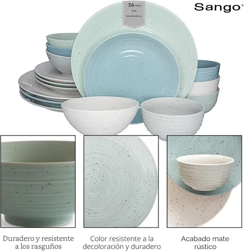 Vista 8 de Sango Siterra Artist's Blend - Juego de vajilla de gres de 16 piezas para 4, platos verdes, crema y blancos brillantes con motas, juegos de platos
