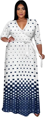 Vista 11 de Runwind Vestidos de Talla Grande para Mujeres Vestido Maxi Floral Suelto Manga 3/4 con Cinturón 01-Negro