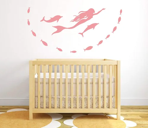 Vista 5 de Calcomanías de pared de sirena, calcomanías de pared de peces, calcomanía de delfín náutico del océano marino, calcomanía de vinilo para baño