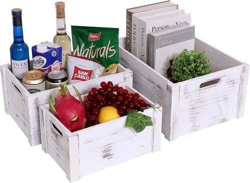 Vista 13 de Cajas modernas de madera blanca para almacenamiento, cajas decorativas rústicas, juego de 3 cajas de almacenamiento de madera extra grandes