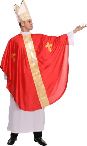 Vista 5 de Maxim Party Supplies Disfraz de Halloween para adultos, disfraz de cardenal católico bíblico para hombres, incluye bata blanca, poncho papal rojo