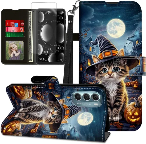 Vista 430 de Funda para Motorola Edge 2022 con protector de pantalla, soporte y tarjetero y correa para la muñeca, funda magnética para Moto Edge 2022 5G UW Lobo