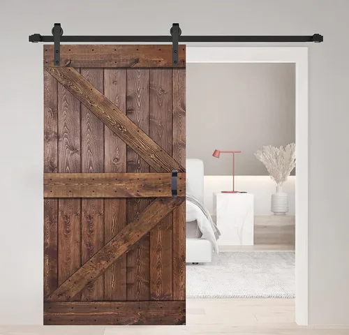 Vista 39 de Serie K. Puerta corredera de granero de madera maciza acabada con kit de herrajes (marrón/nogal, 24 x 84 pulgadas)