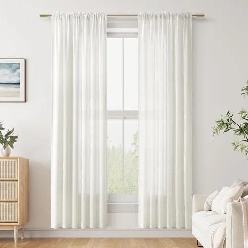 Vista 134 de Cortinas de lino verde aguamarina de 84 pulgadas de largo, juego de 2 paneles semitransparentes con bolsillo para barra para comedor, decoración