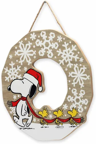 Vista 2 de Peanuts Snoopy Corona de copos de nieve colgante de madera para decoración de pared - Rústico signo navideño de Peanuts para decorar el hogar