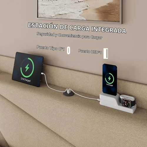 Vista 3 de iPormis Base de cama tamaño Queen con estación de carga, marco de cama de plataforma de lino con cabecera tapizada con respaldo de ala, soporte