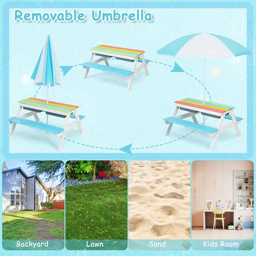 Vista 3 de Costzon Mesa de Picnic para Niños con Contenedores Sensoriales, Mesa de Arena y Agua 4 en 1 con Sombrilla de Altura Ajustable, Superficie de Mesa