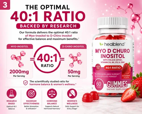 Vista 4 de healblend Myo & D-Chiro - Gomitas de inositol – Apoyo de SOP para mujeres, equilibrio hormonal, fertilidad y ovulación – con metilfolato, vitamina