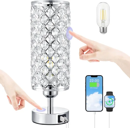 Vista 9 de Lámpara de mesa de cristal, lámpara dorada para dormitorio con puertos de carga USB-C y USB-A, luz regulable de 3 vías con pantalla de cristal