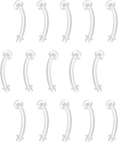 Vista 9 de FECTAS Aretes de plástico flexible transparente de 16G y 14G, anillos para cejas, barras curvadas, retenedores para piercing de vientre, 15