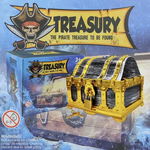 Vista 6 de Cofre del tesoro pirata con marco dorado para niños con cerradura y llave, almacenamiento de colección de tesoros y caja decorativa para favores