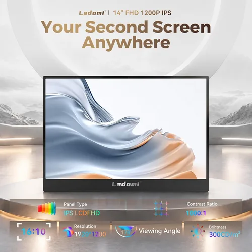 Vista 2 de Monitor portátil de 14", pantalla extra IPS FHD de 1200P con altavoces