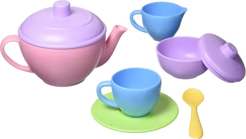 Vista 2 de Green Toys Juego de té, Pink CB, juego de 17 piezas, habilidades motoras, lenguaje y comunicación para niños, sin BPA, ftalatos, PVC, apto