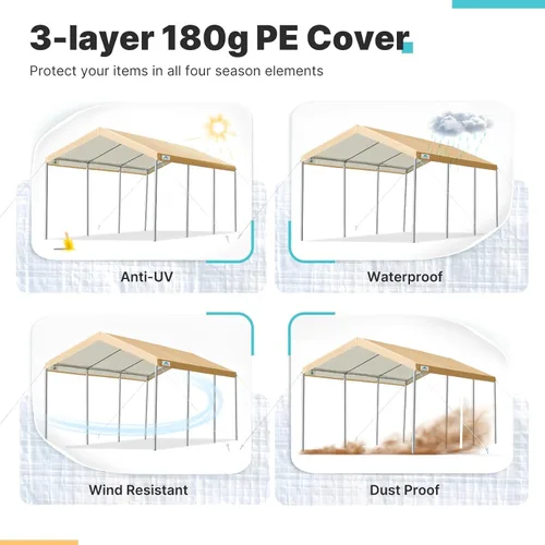 Vista 4 de Cubierta de toldo de repuesto para carport para carpa de automóvil, cubierta de refugio de garaje, lona con cuerdas elásticas de bolas