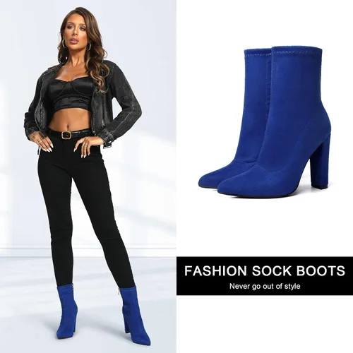 Vista 5 de risdoada Botas de tacón grueso para mujer botas de tacón grueso punta puntiaguda de gamuza elástica otoño e invierno botines de media pantorrilla