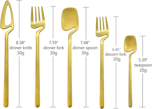 Vista 8 de Juego de cubiertos dorados mate, 20 piezas de cubiertos de acero inoxidable 304 colgantes para 4, juego de utensilios de cocina con acabado Oro