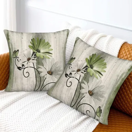 Vista 4 de Juego de 2 fundas de almohada florales de color salvia de 16 x 16 pulgadas, fundas de almohada decorativas con flores de margarita y mariposas