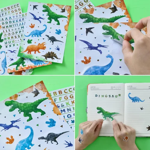 Vista 6 de WERNNSAI Diario Luminoso de Dinosaurio para Niños, Diario Secreto con Llaves de Cerradura, Cuaderno con Bolígrafo y Calcomanías, Regalo