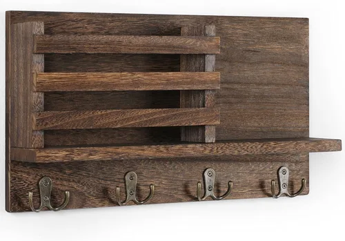 Vista 8 de Lwenki Soporte para llaves y correo para pared, madera rústica de Paulownia natural, 4 ganchos dobles, organizador montado en la pared