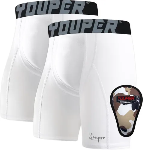 Vista 10 de Youper Pantalones cortos deslizantes de compresión para niños con copa protectora suave para béisbol, fútbol, hockey (paquete de 2)