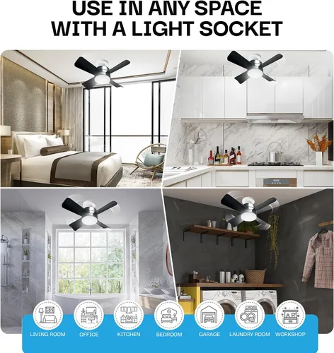Vista 4 de Bell+Howell Socket Breeze Deluxe, Small Ceiling Fan with LED Light and Remote, Adjustable Speeds and Brightness, Light Socket Fan for Bedroom Negro