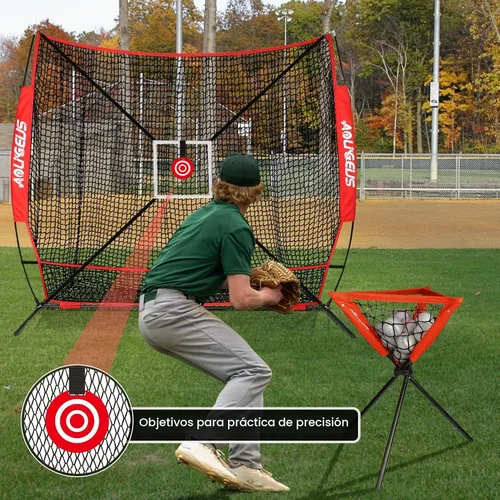 Vista 4 de 6'x6' Baseball Softball Practice Net, Batting Tee & Ball Caddy Rojo-B