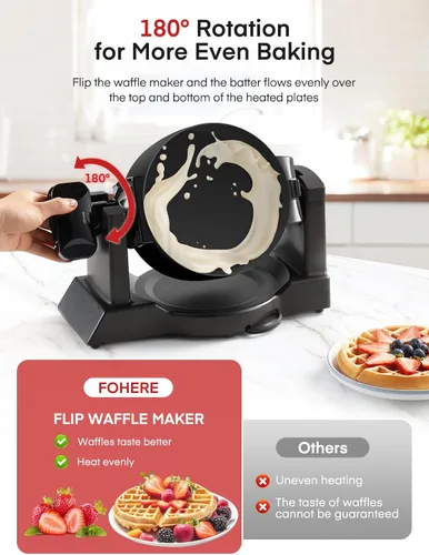 Vista 3 de Máquina para hacer gofres, plancha para gofres belga doble de 1400 W, giro de 180°, 8 rebanadas en 3 minutos, platos giratorios y antiadherentes