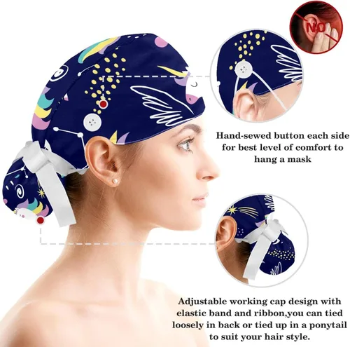 Vista 3 de Adjustable Magical Unicorn Floral Scrub Cap, Working Hat Hair Cover with Ponytail Pouch, Soft Bouffant Surgical Nurse Cap
