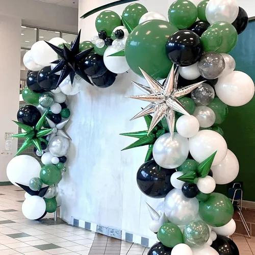 Vista 9 de Globos verdes y negros, globos metálicos de 12 pulgadas, color plateado, verde, arena, blanco y negro, globos de fiesta de fútbol, helio, globos