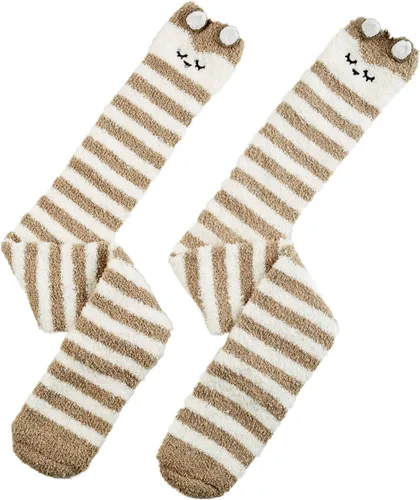 Vista 5 de Wander G - Calcetines para mujer sobre la rodilla, peludos, lindos, caricatura, cálidos, a rayas