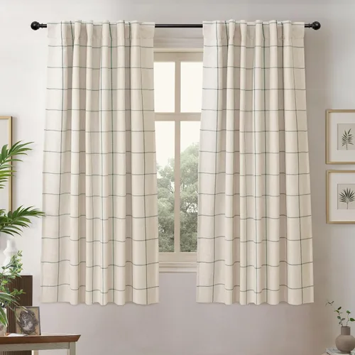 Vista 18 de DriftAway 2 paneles cortinas de lino a cuadros 100% opacas de doble capa cortinas para dormitorio de 96 pulgadas de largo estilo granja con Gris