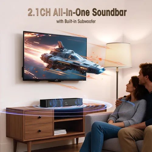 Vista 8 de BESTISAN Barra de sonido de 2.1 canales para TV, compacta de 16.5 pulgadas con subwoofer integrado, entrada ARC/Opt/AUX/USB, aumento de volumen