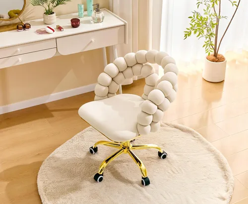 Vista 3 de Velvet Swivel Desk Chair with Bubble Back, Adjustable Height Computer Chair with Gold Metal Base, Modern Rolling Vanity Chair for Home Office (Beige)
