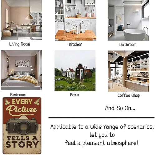 Vista 7 de Póster vintage de metal inspirador para pared, diseño con texto en inglés "Every Picture Tells A Story", letrero de metal para cámara vintage