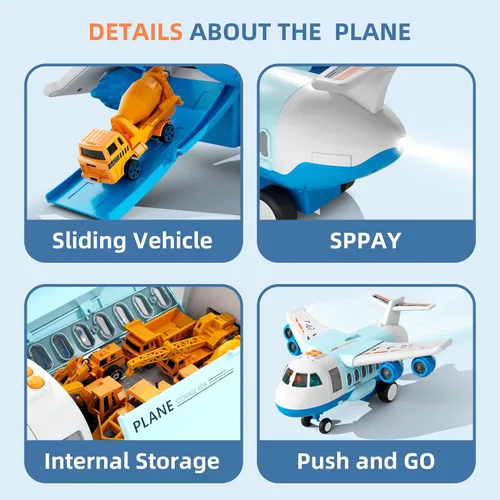 Vista 8 de Avión de carga de transporte, juego de juguetes de avión temáticos grandes, juego de vehículos de juguete educativo con sonido y luz de humo, avión
