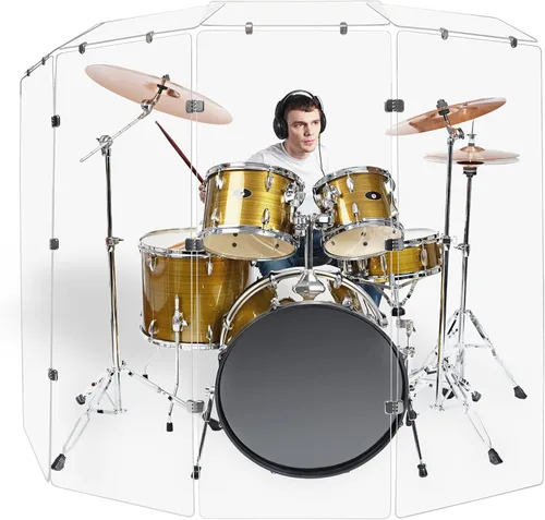 Vista 11 de PENNZONI Drum Shield de 5 pies con bisagras cromadas, viene con 3 paneles de batería y bisagras cromadas, paneles de acrílico transparente de alta