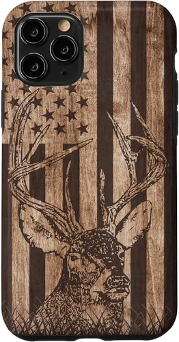 Vista 27 de Funda de madera para iPhone 16 con diseño de ciervo de cola blanca para caza cazador de bandera estadounidense